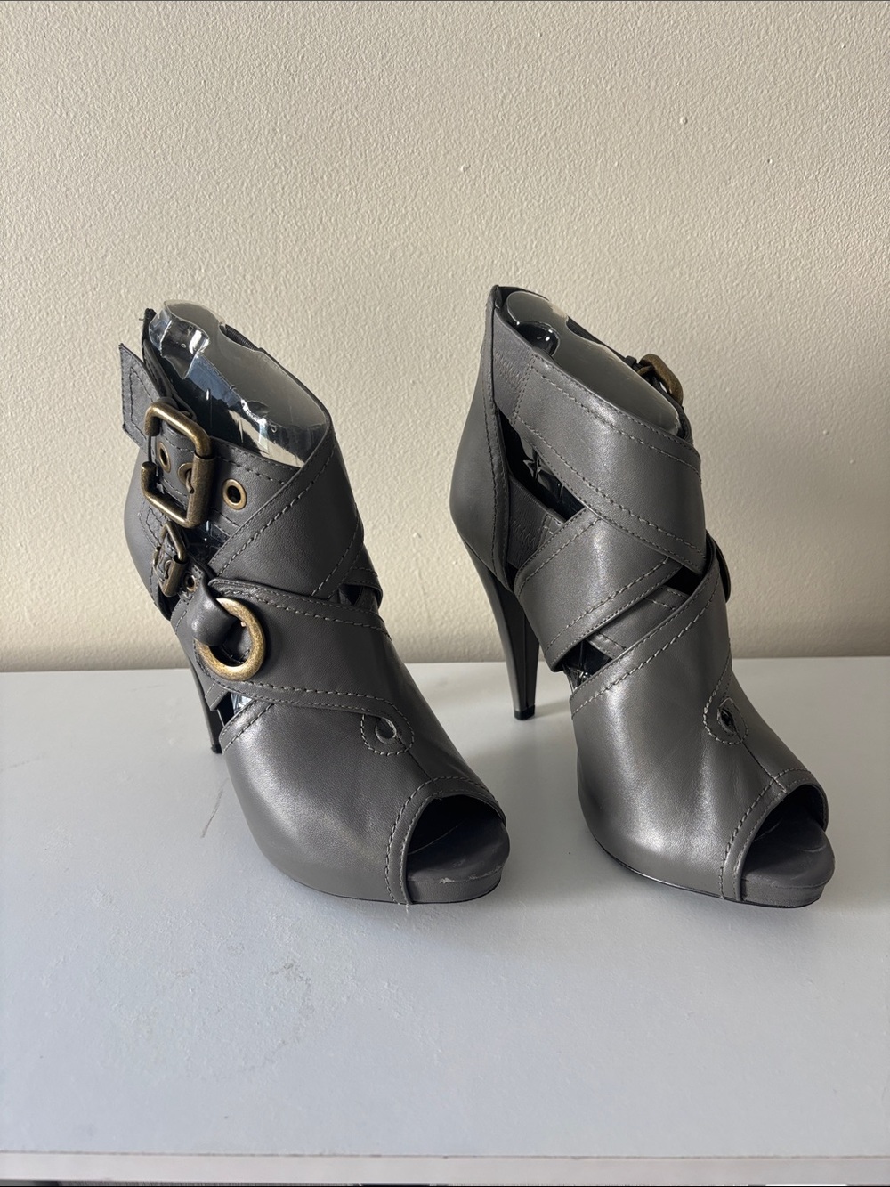 Aldo Gray Strappy Peep-Toe High Heel Booties
